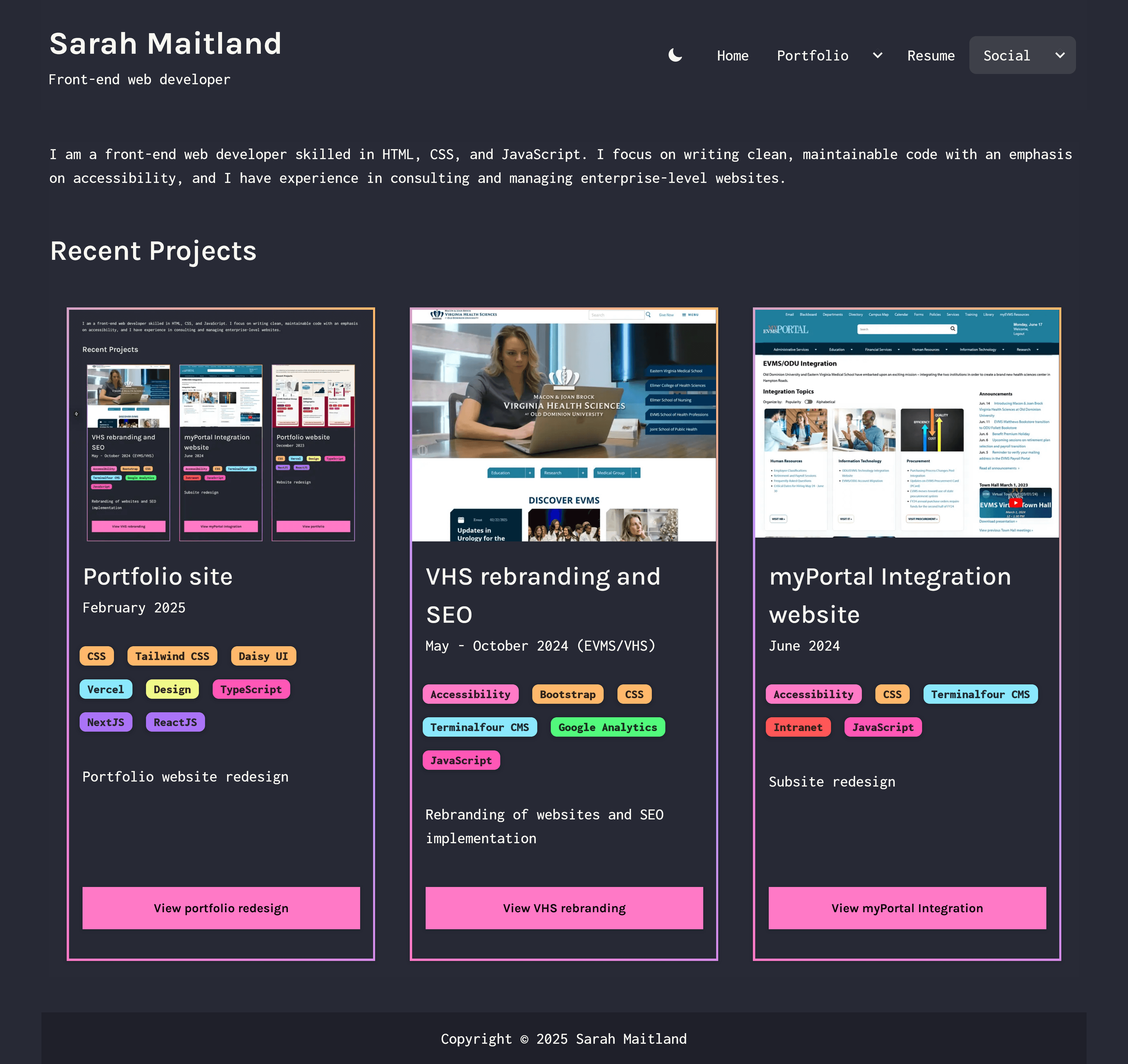 2025 portfolio site home page - dark mode