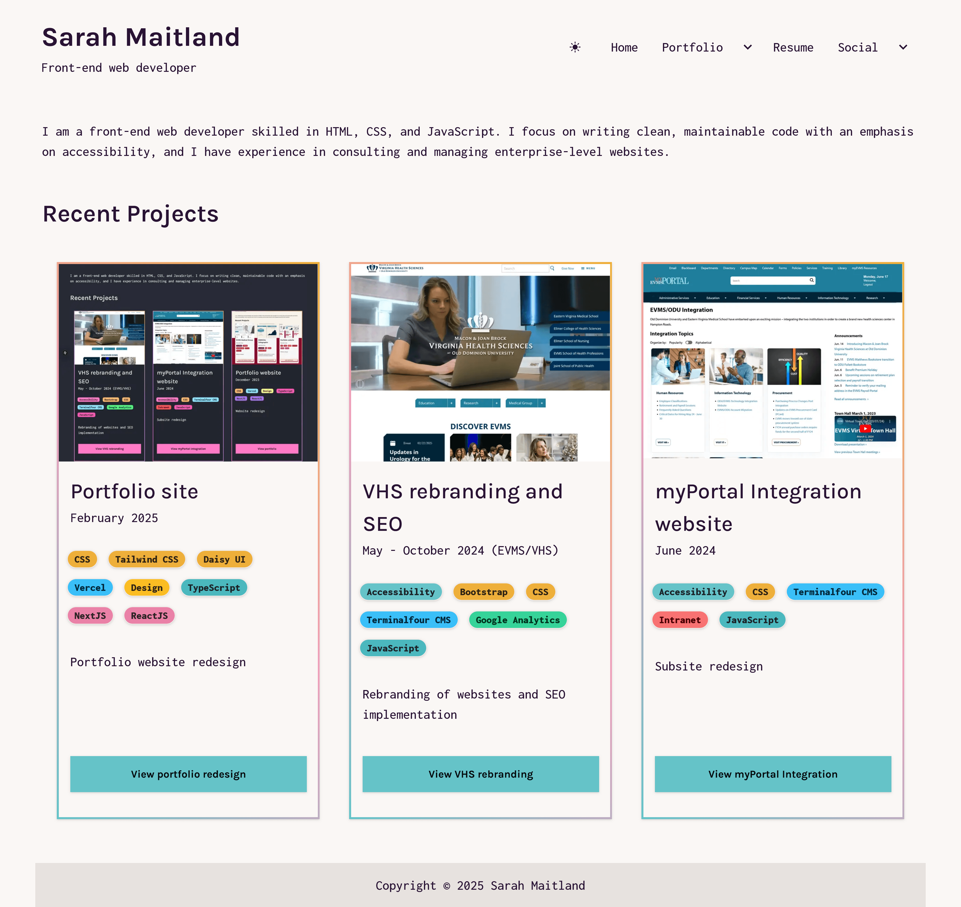 2025 portfolio site home page - light mode