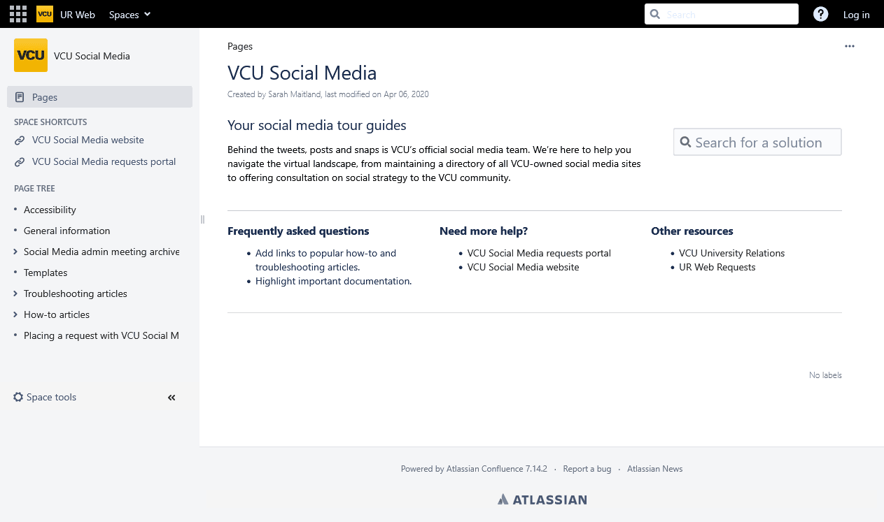 VCU Social Media Info Center (Confluence knowledge base)