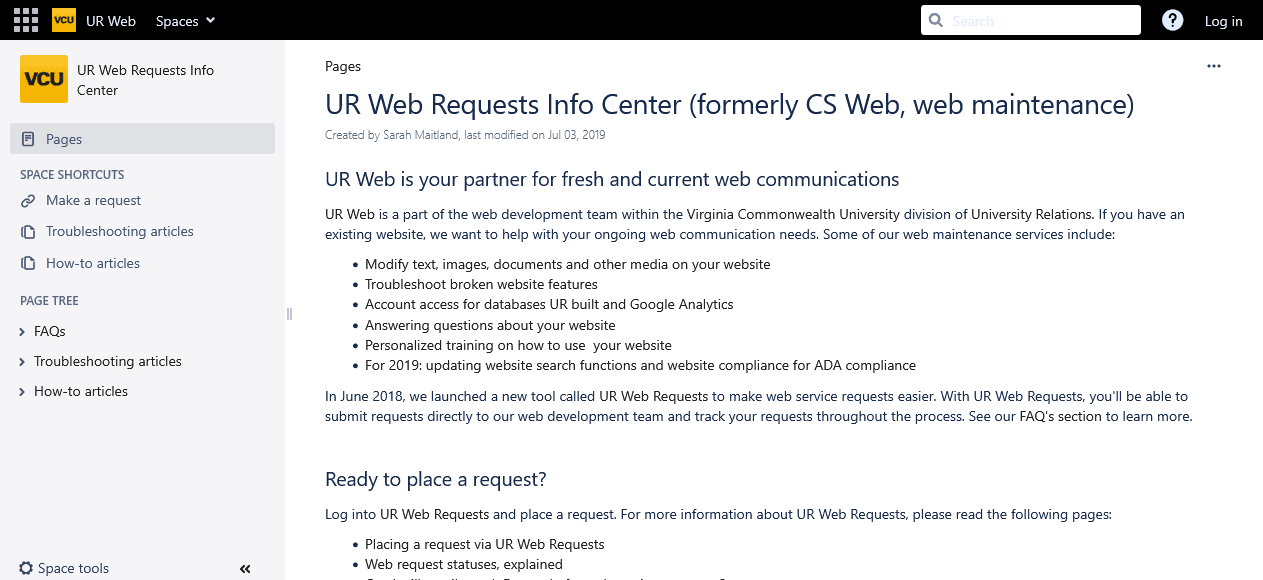 UR Web Requests Info Center (Confluence knowledge base)