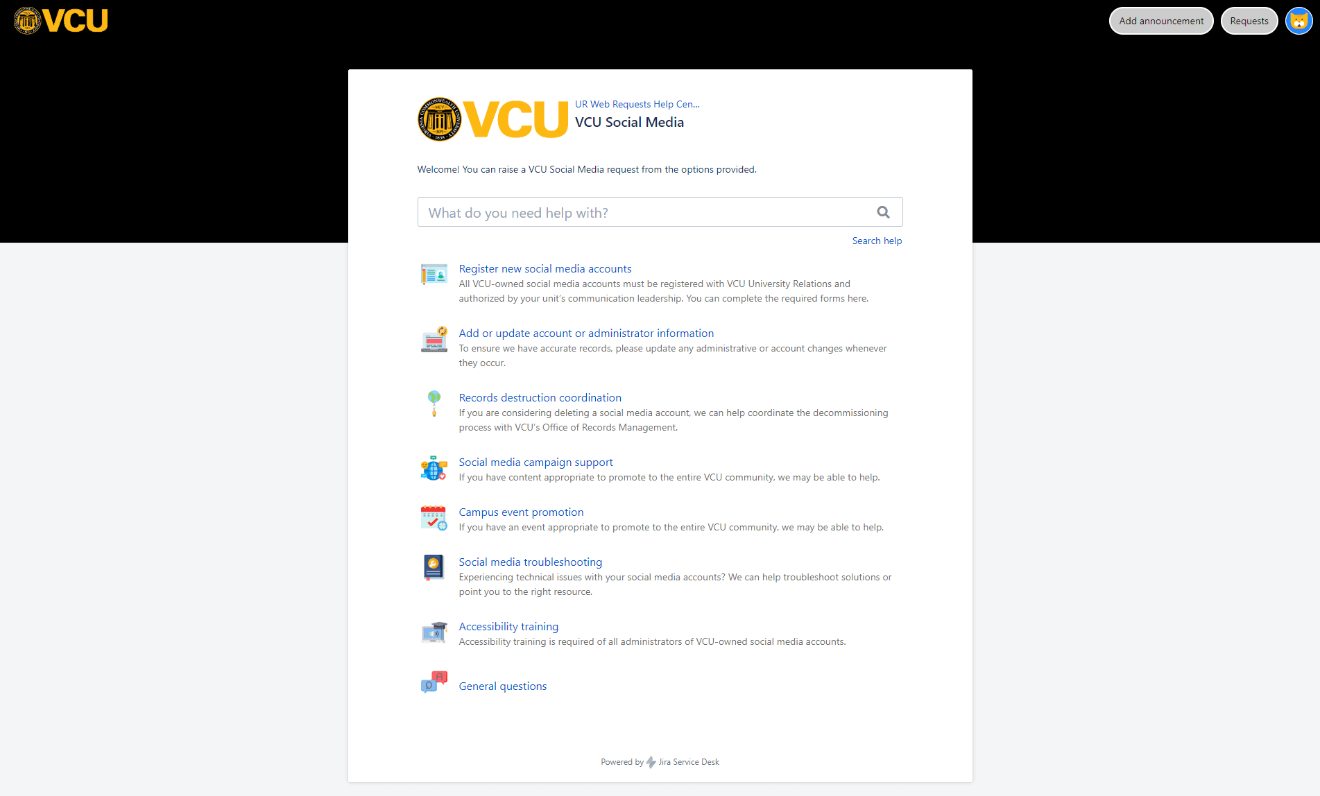 VCU Social Media web requests portal