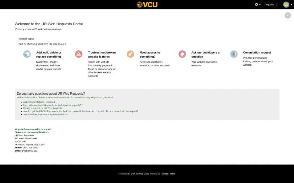 UR Web Requests (web maintenance) portal version 1