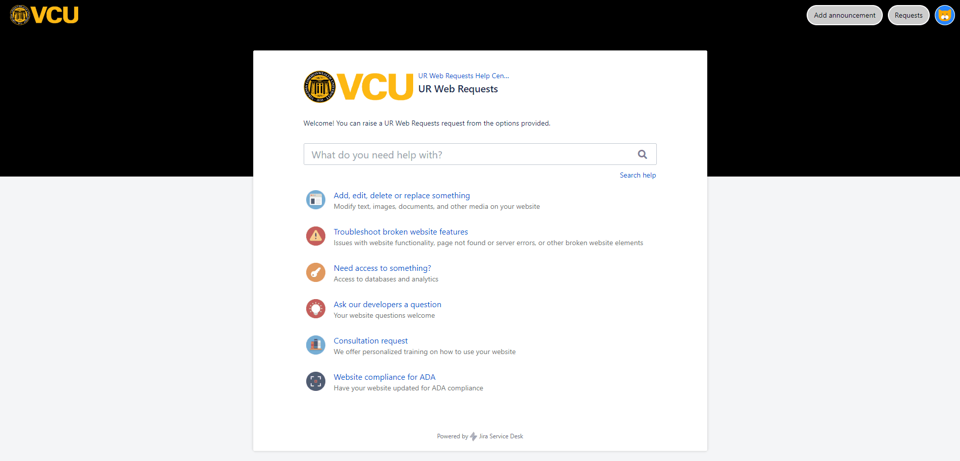 UR Web Requests (web maintenance) portal version 2