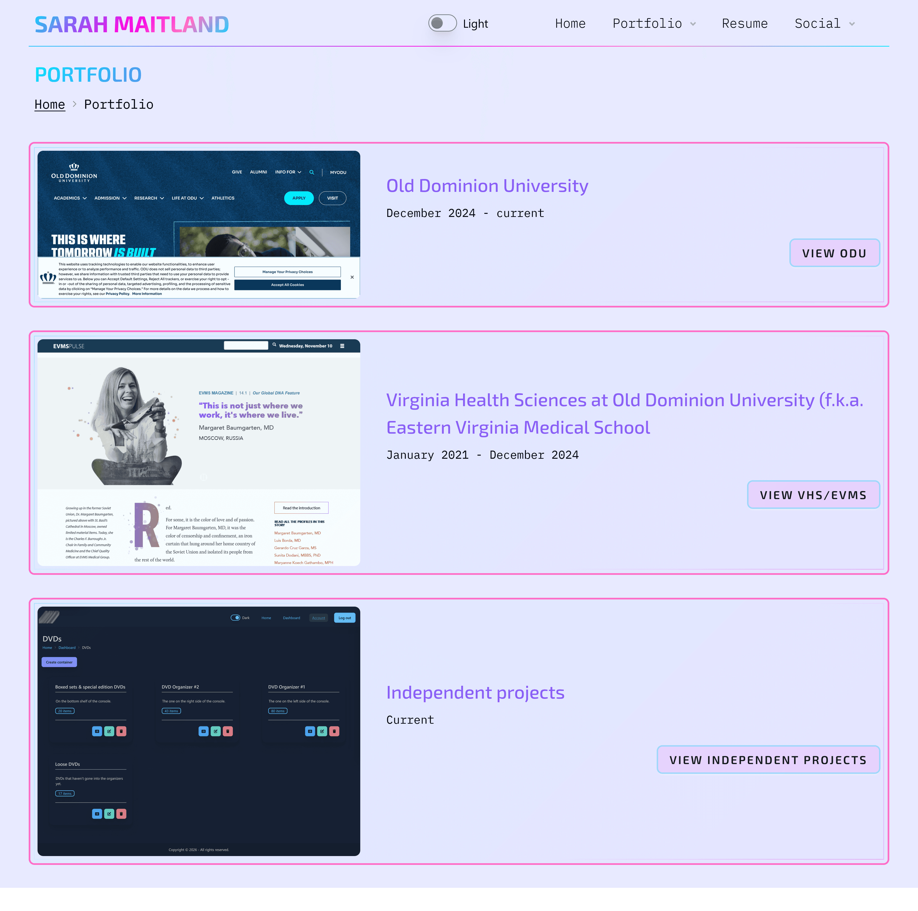 Portfolio page from redesign for 2026/2027 - light mode