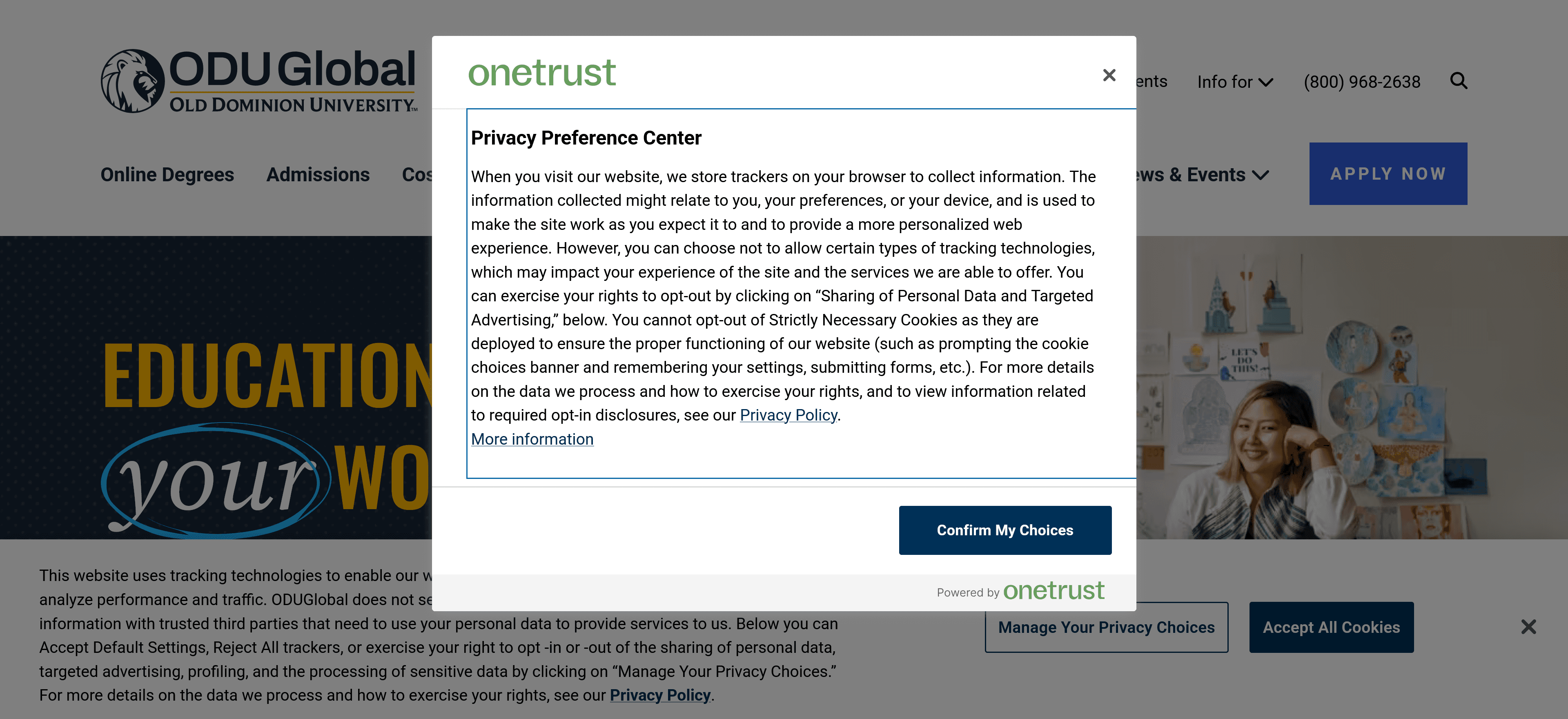 Cookie policy preference center on ODUGlobal website